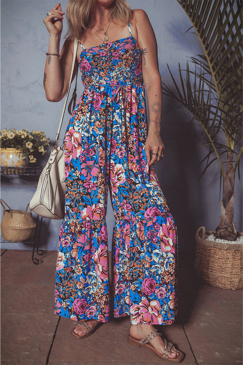 Pink Floral Smocked Bust Spaghetti Straps Wide Leg Jumpsuit